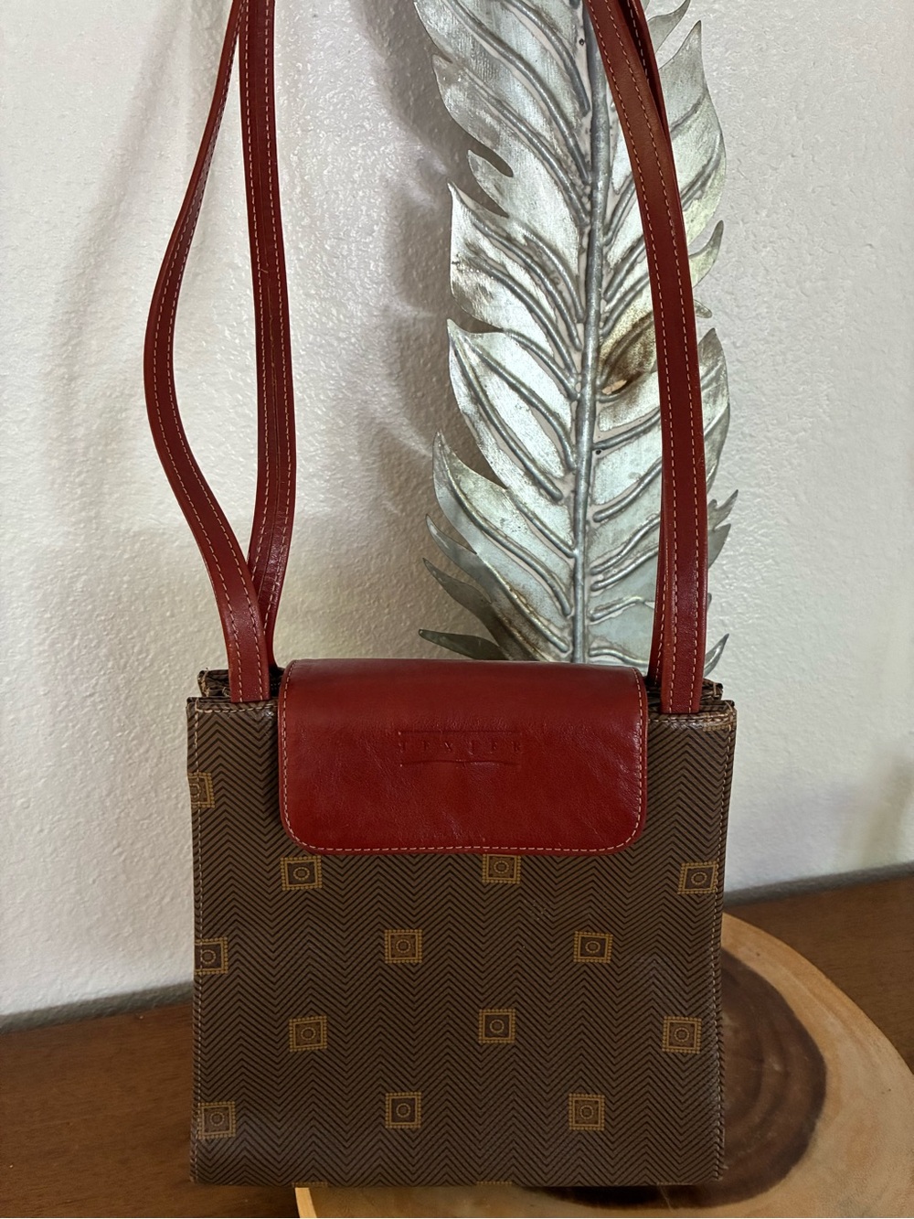 Texier Brown Patterned Crossbody with Brown Leather Flap. Made in France.